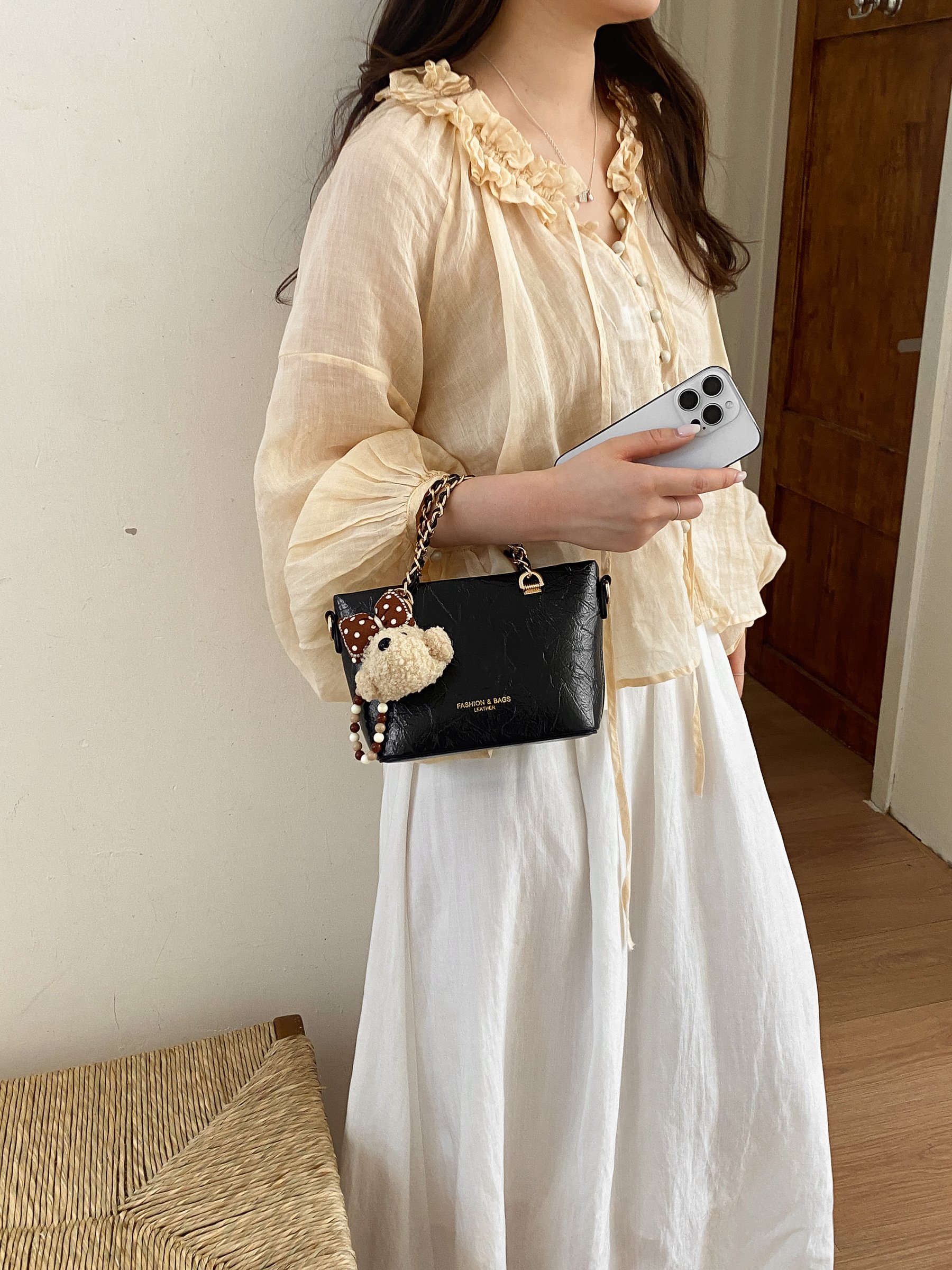 Chain Strap Crossbody Bag with Plush Charm