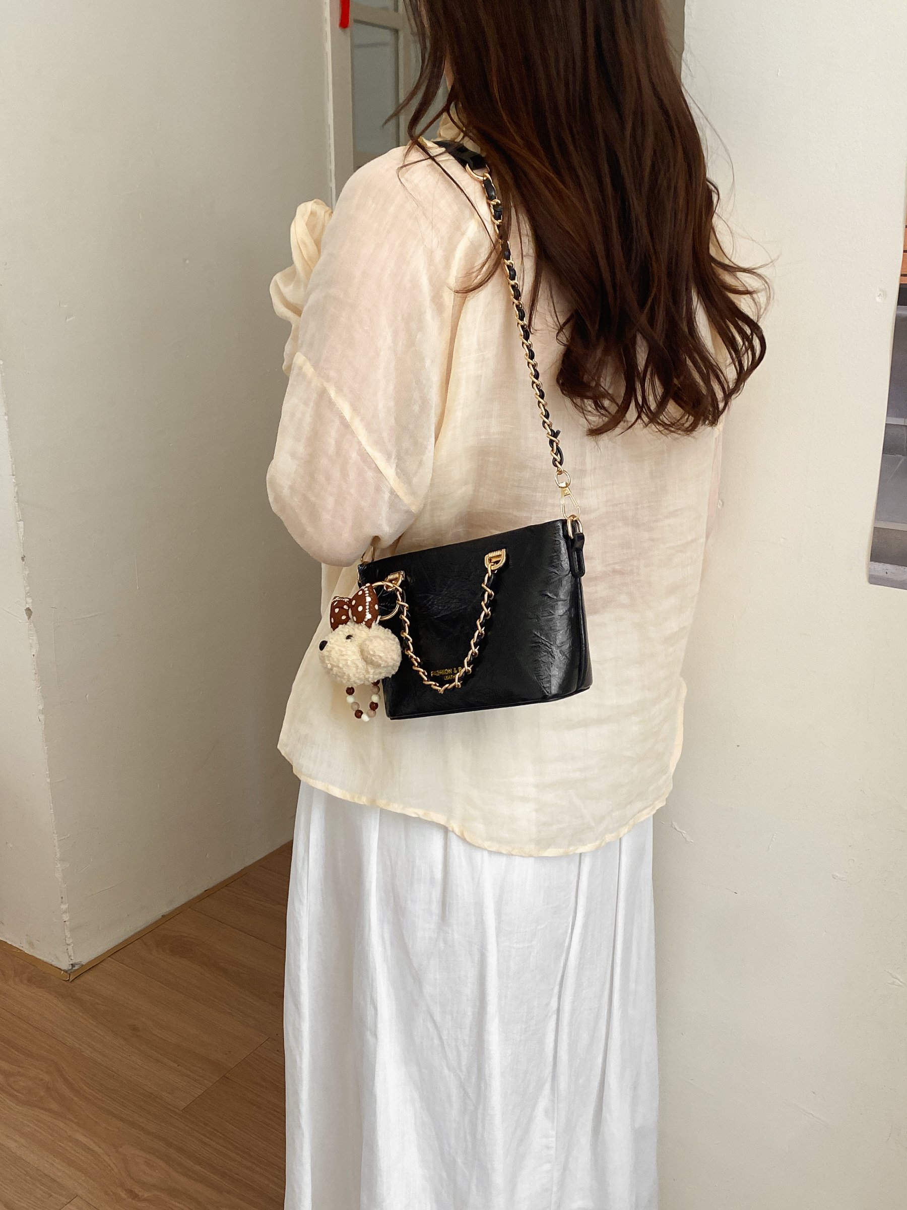 Chain Strap Crossbody Bag with Plush Charm