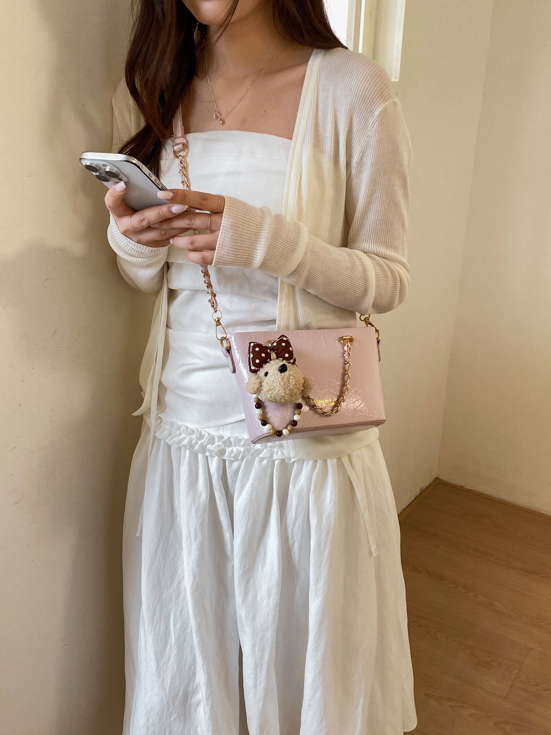 Chain Strap Crossbody Bag with Plush Charm