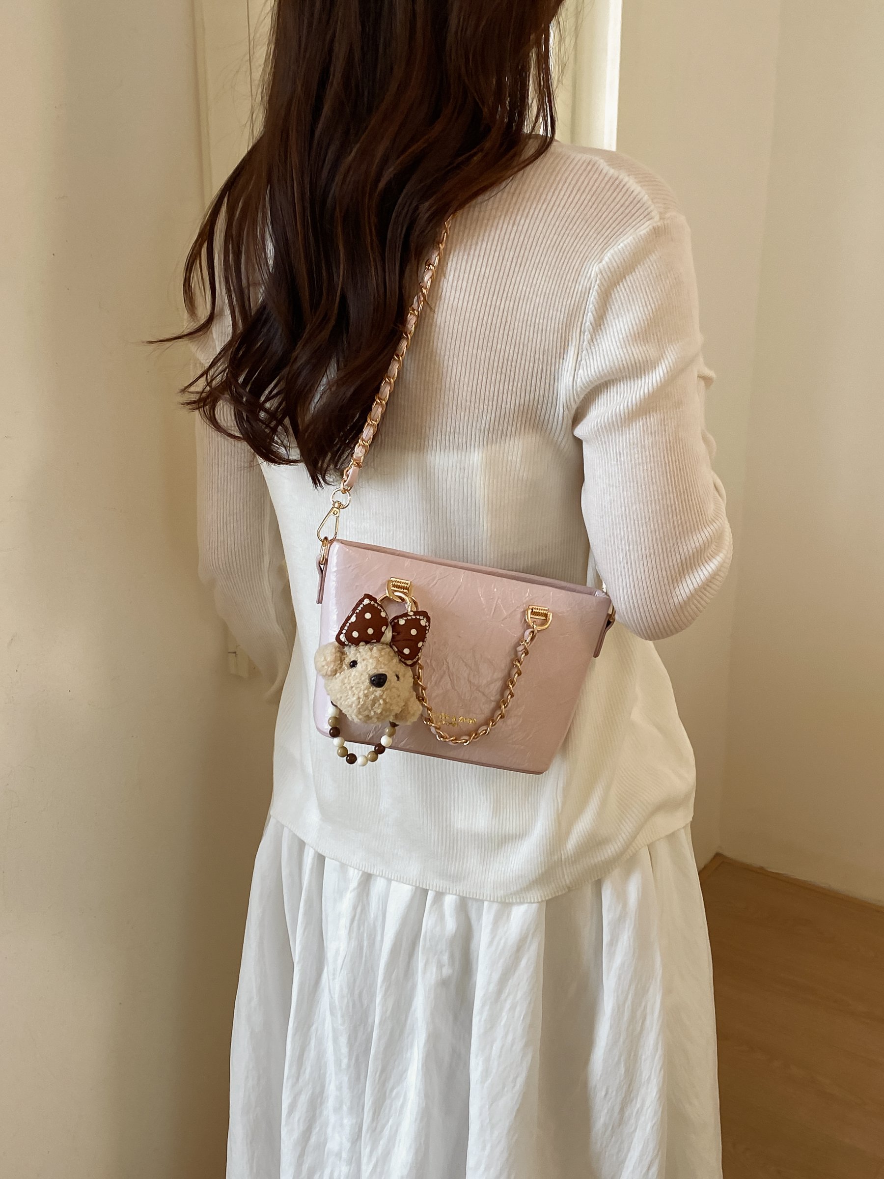 Chain Strap Crossbody Bag with Plush Charm