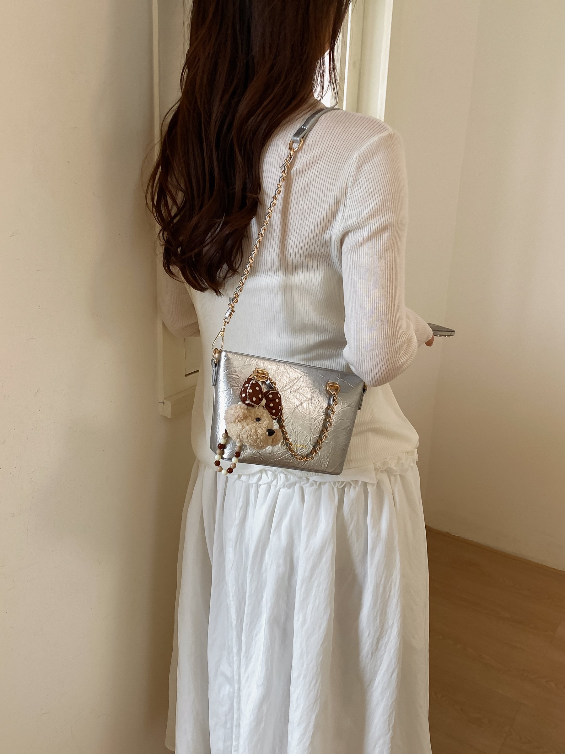 Chain Strap Crossbody Bag with Plush Charm