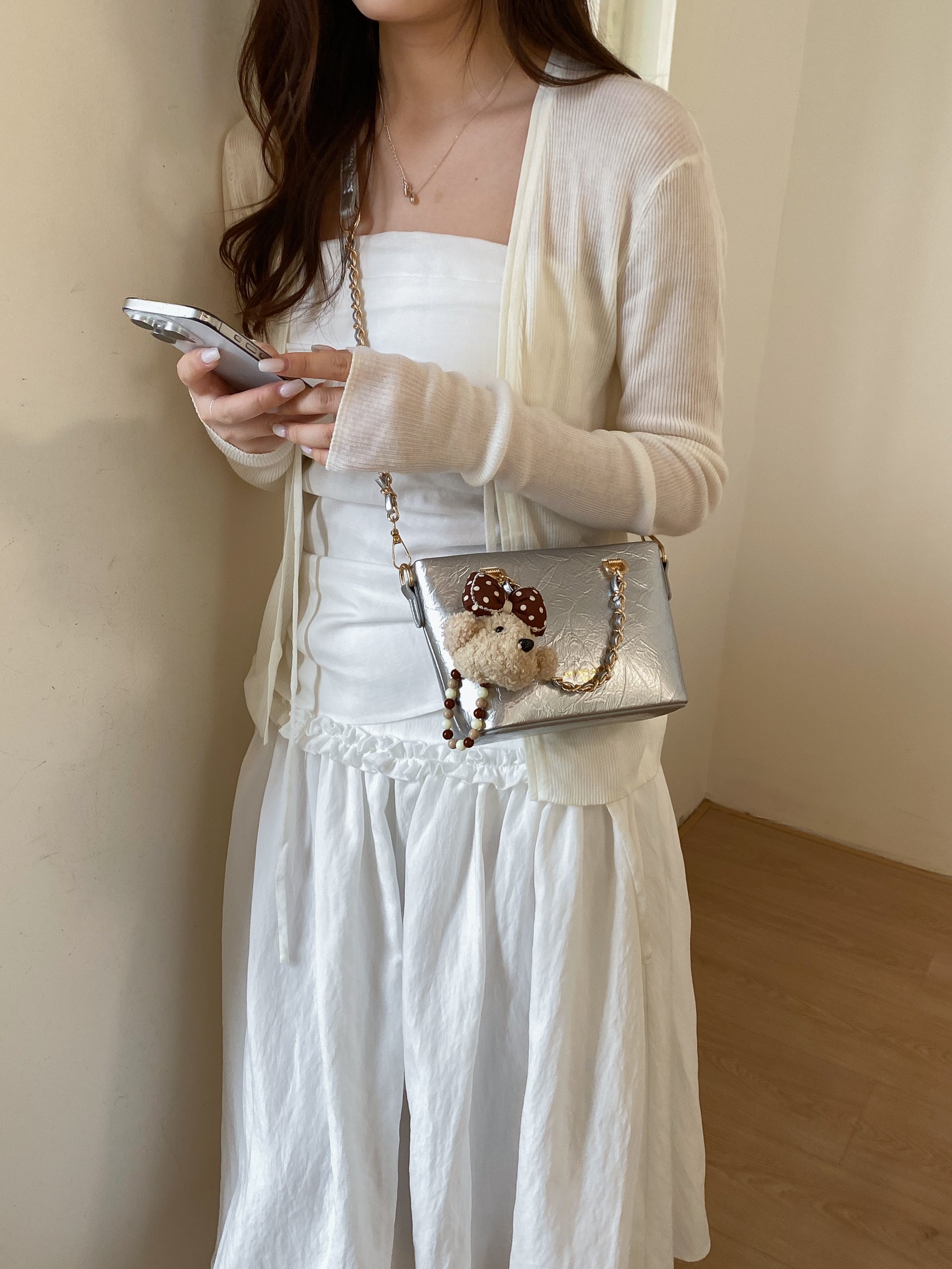 Chain Strap Crossbody Bag with Plush Charm