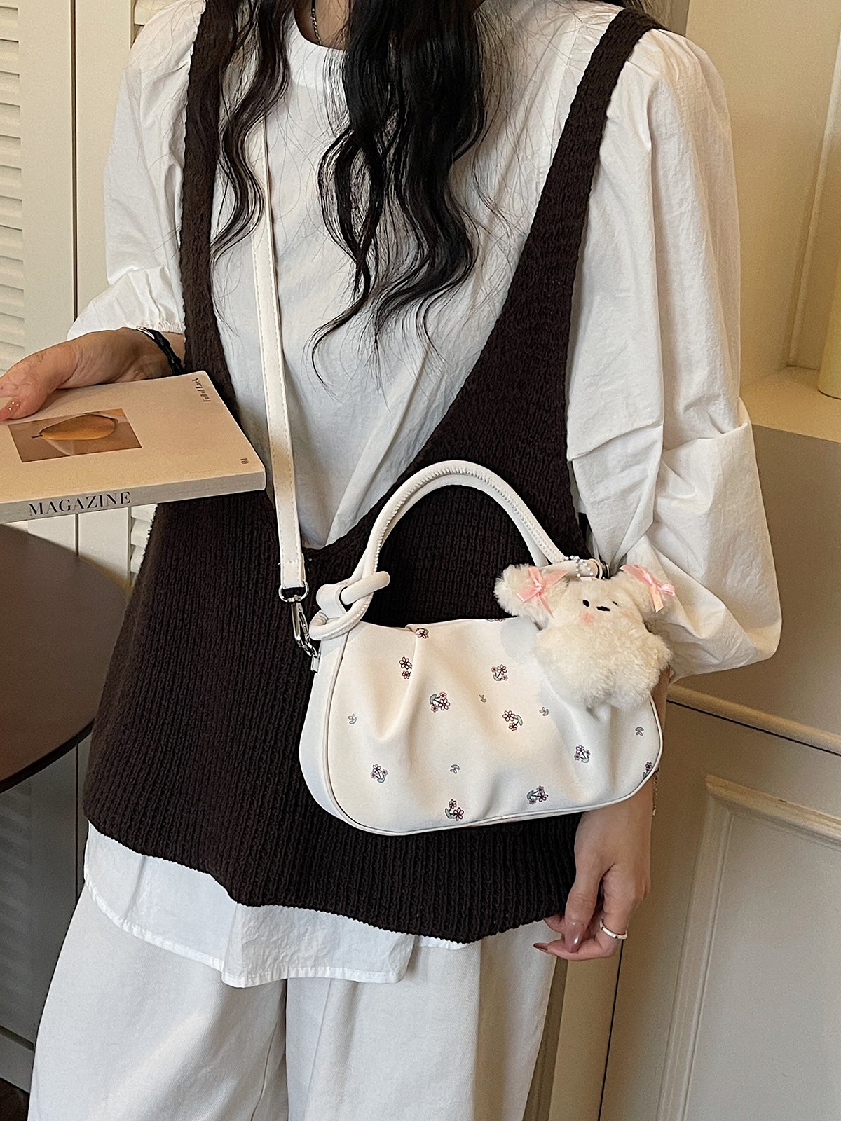 Printed Crossbody Bag with Plush Charm