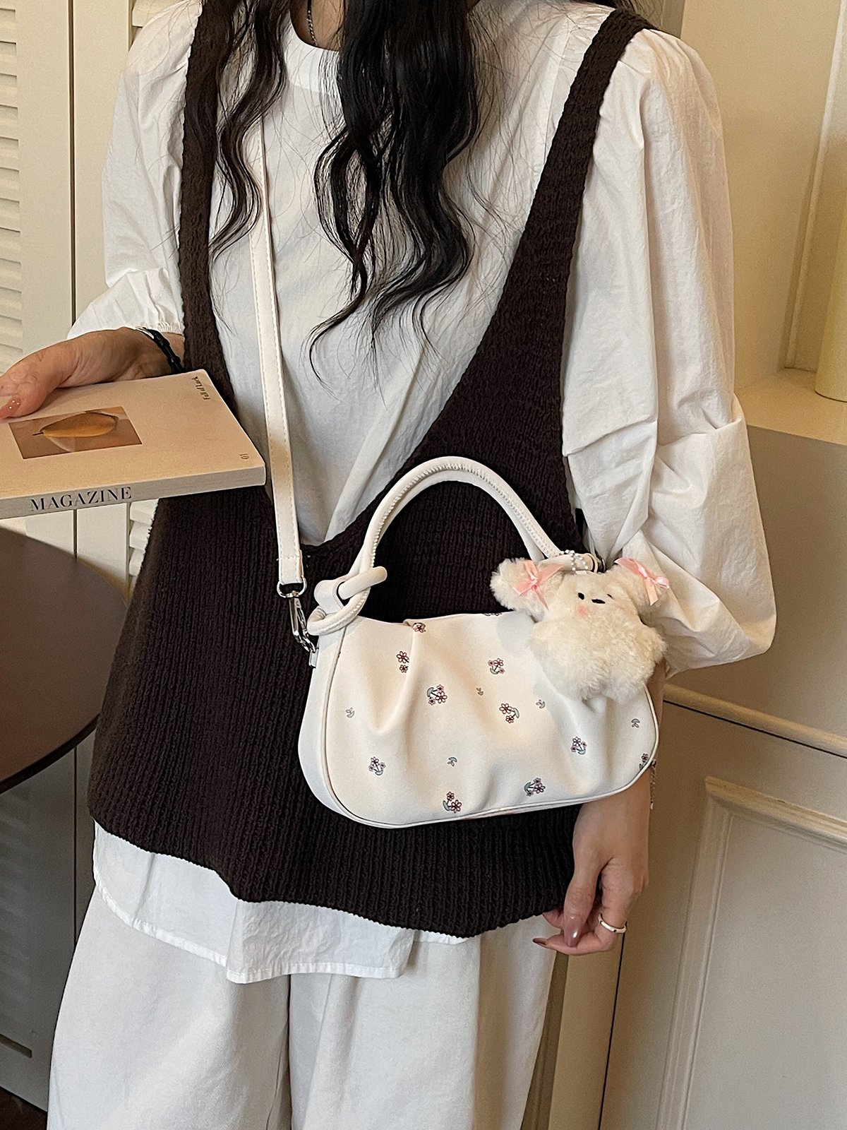 Printed Crossbody Bag with Plush Charm