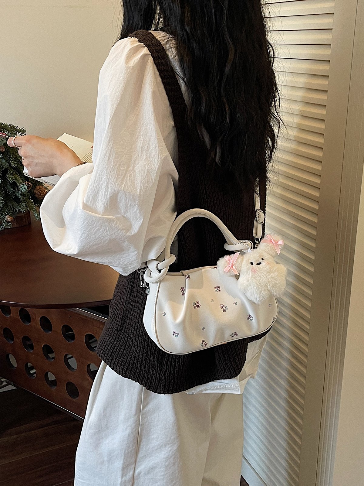 Printed Crossbody Bag with Plush Charm