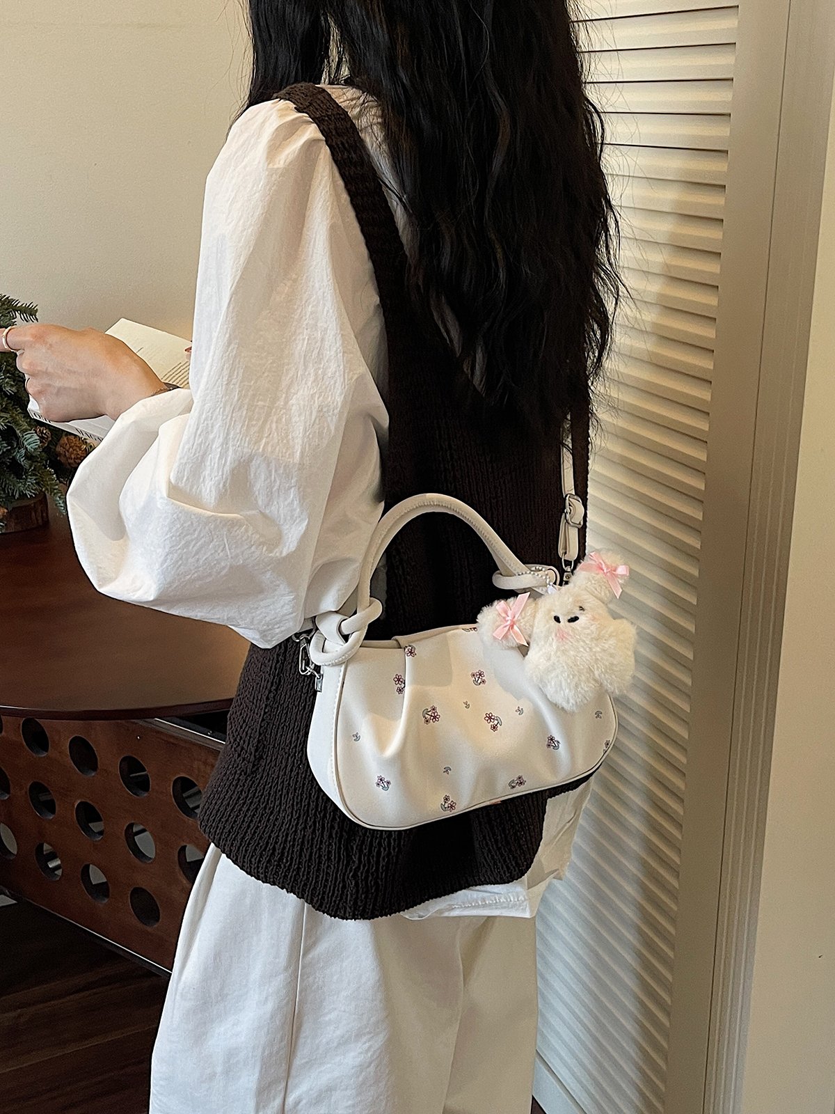 Printed Crossbody Bag with Plush Charm