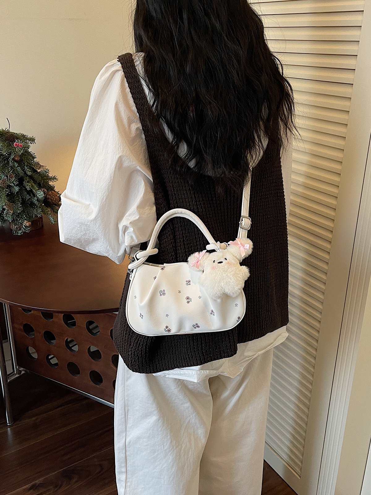 Printed Crossbody Bag with Plush Charm