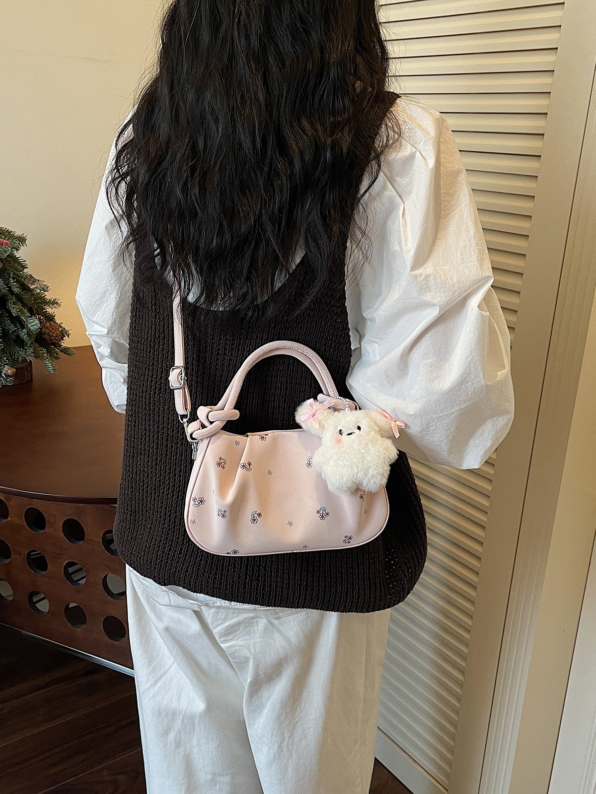 Printed Crossbody Bag with Plush Charm