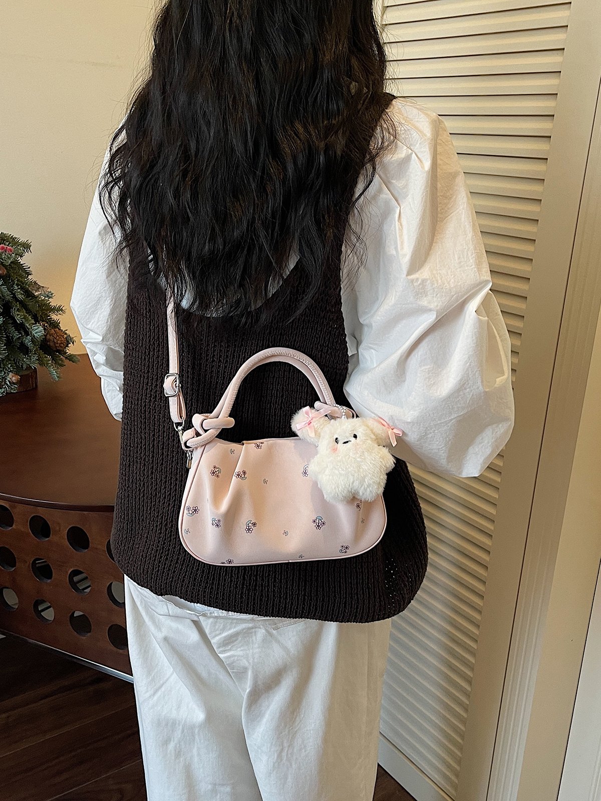 Printed Crossbody Bag with Plush Charm