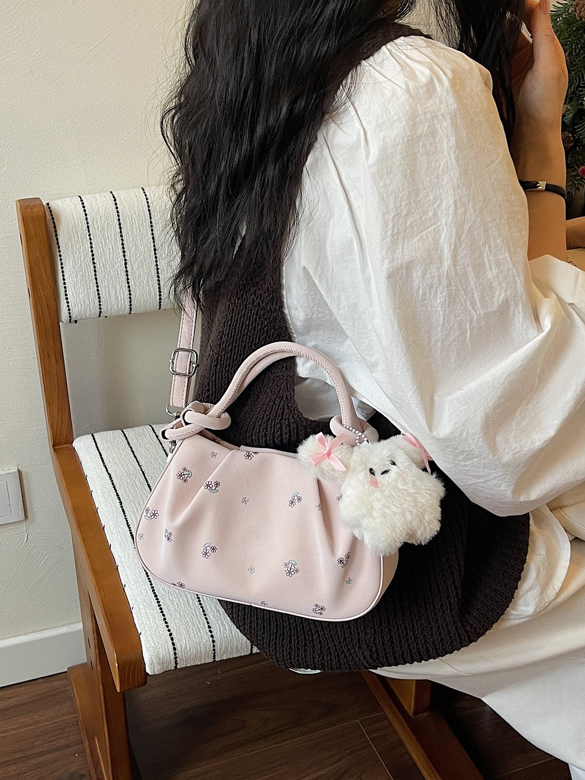 Printed Crossbody Bag with Plush Charm