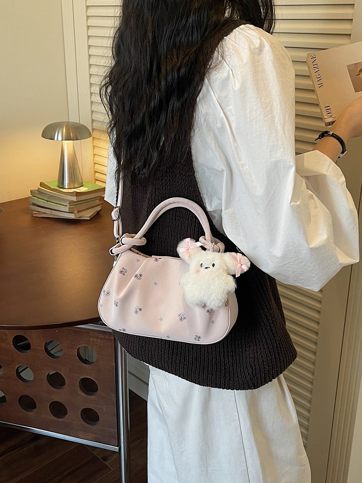 Printed Crossbody Bag with Plush Charm