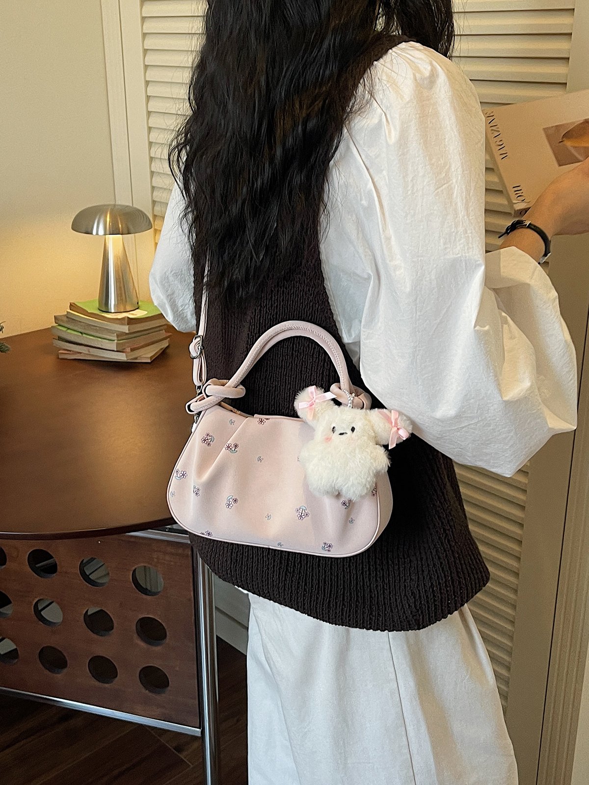 Printed Crossbody Bag with Plush Charm