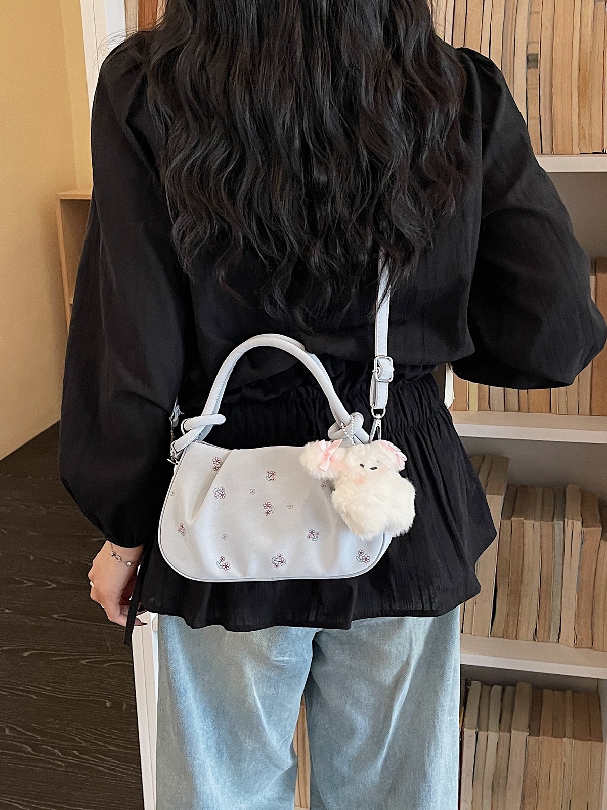 Printed Crossbody Bag with Plush Charm