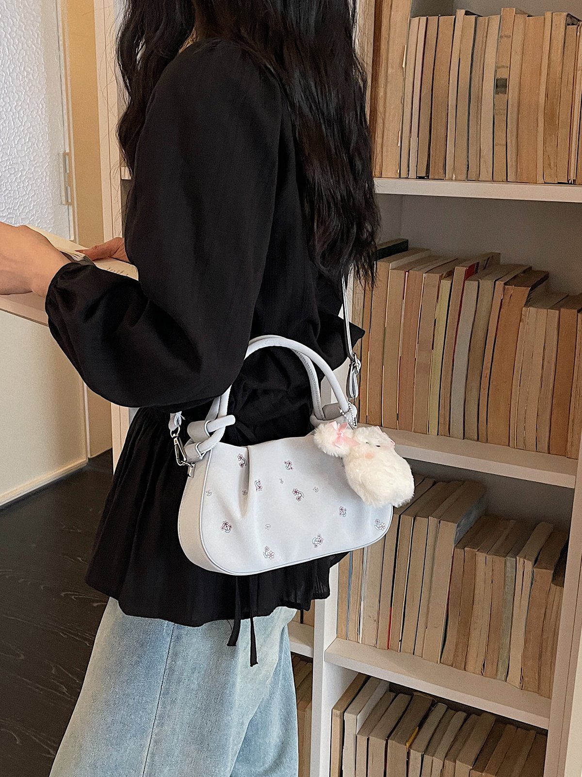 Printed Crossbody Bag with Plush Charm