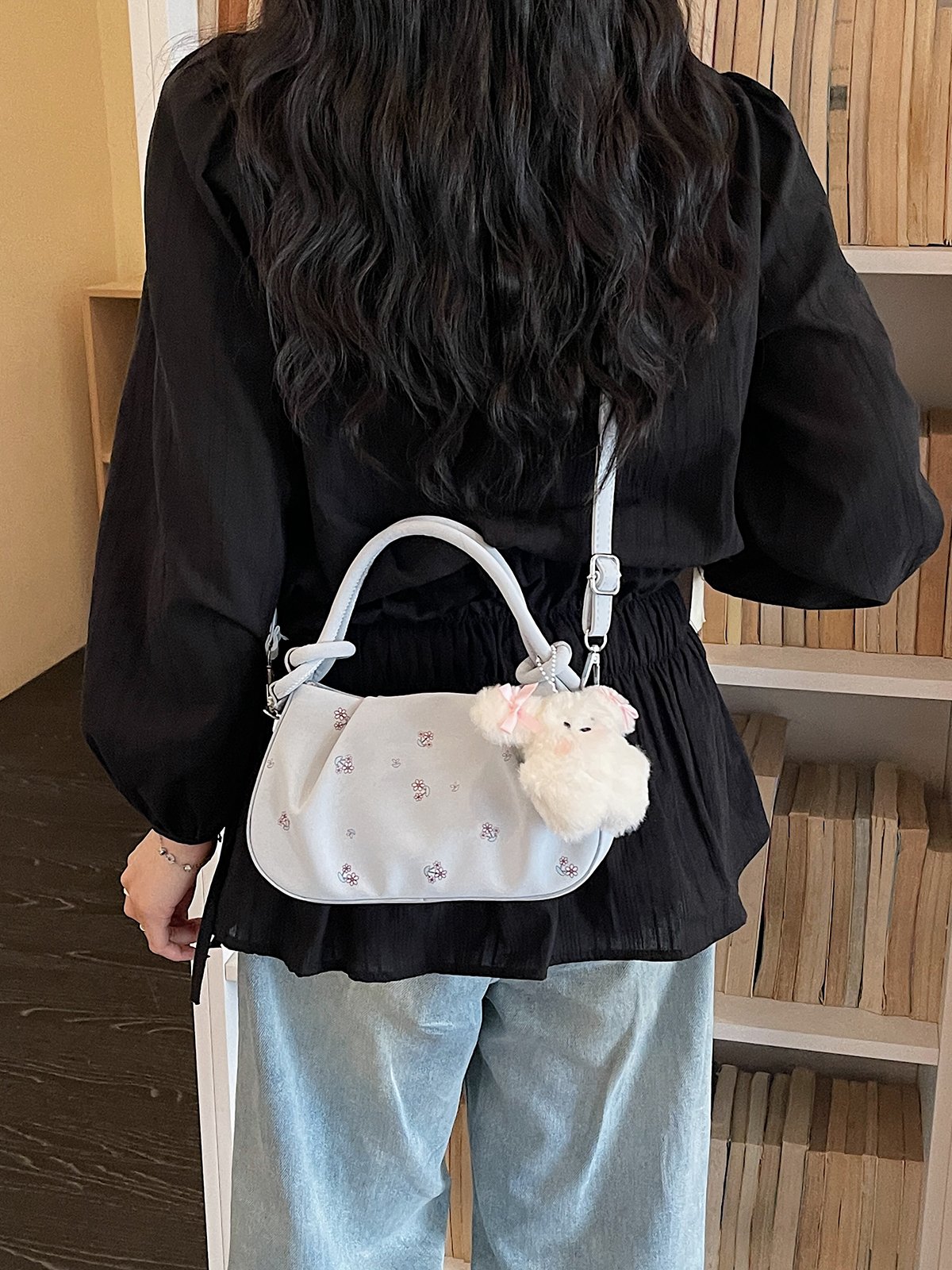 Printed Crossbody Bag with Plush Charm