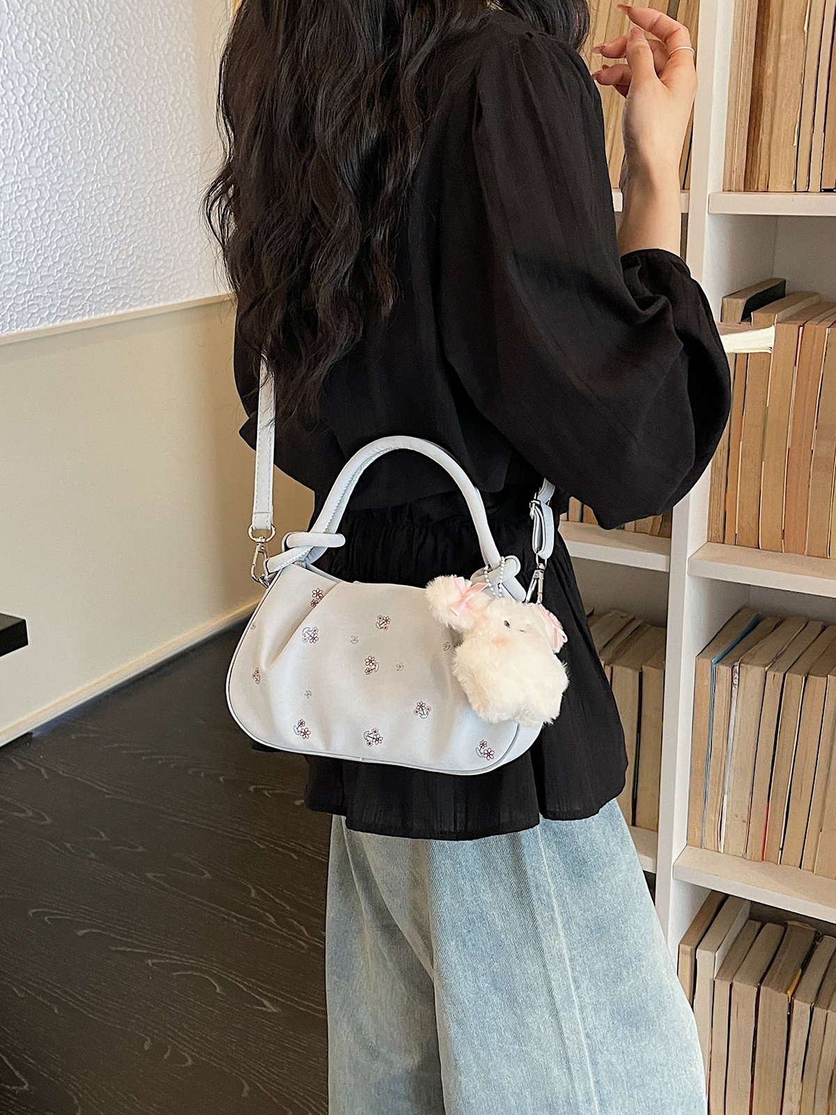 Printed Crossbody Bag with Plush Charm