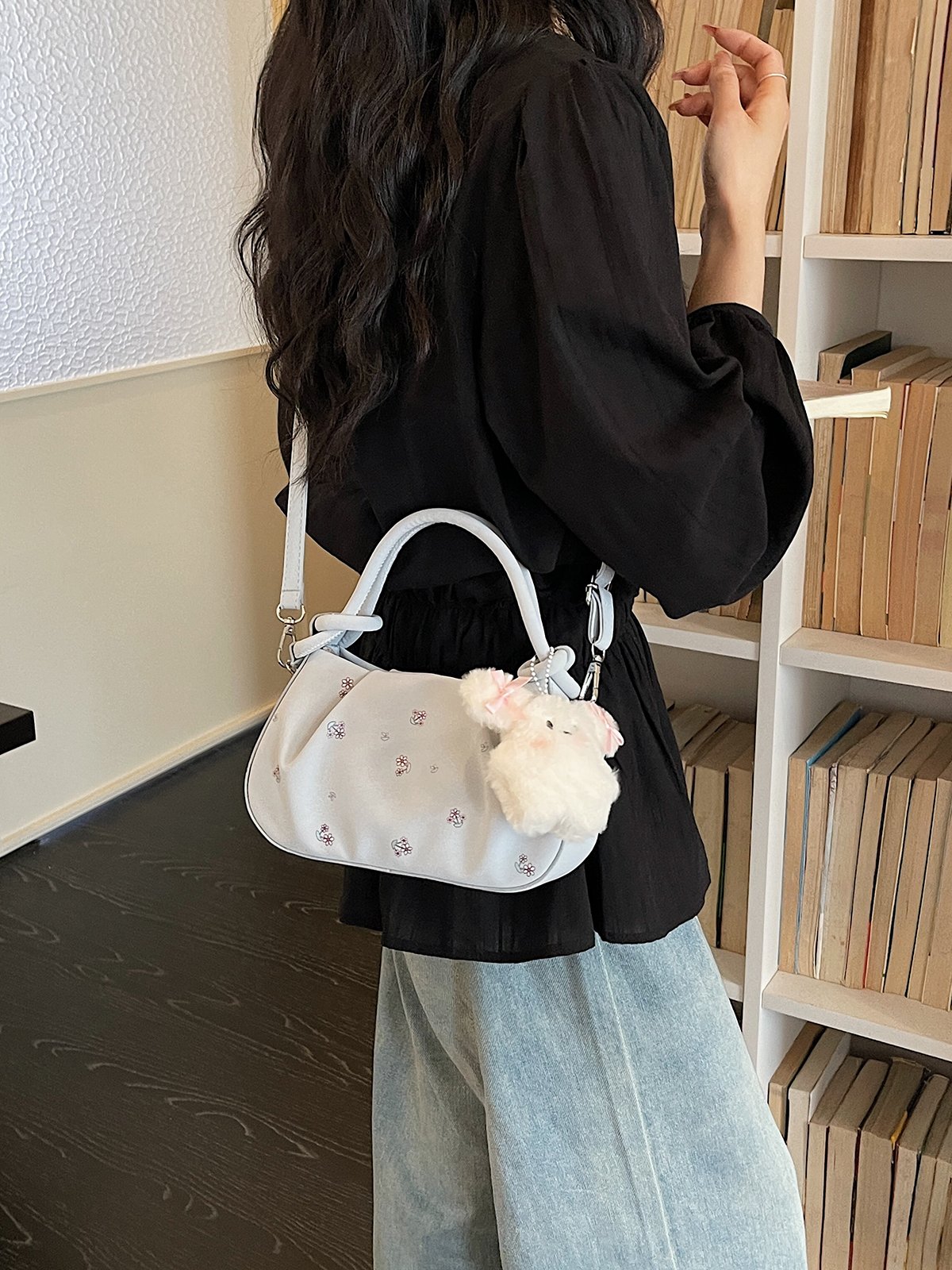 Printed Crossbody Bag with Plush Charm