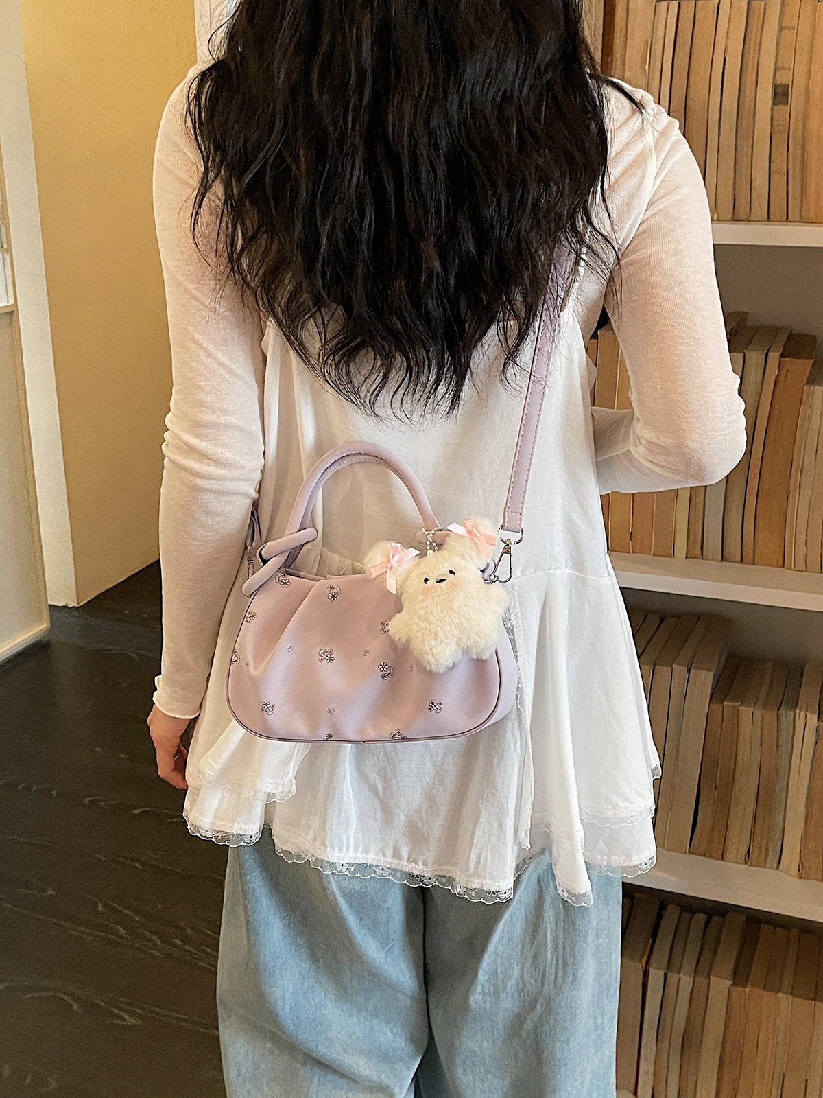 Printed Crossbody Bag with Plush Charm