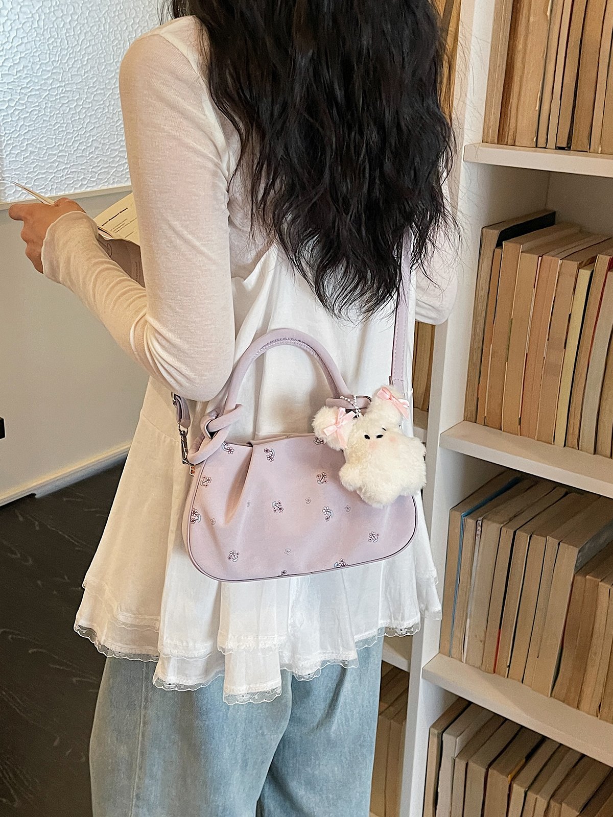 Printed Crossbody Bag with Plush Charm
