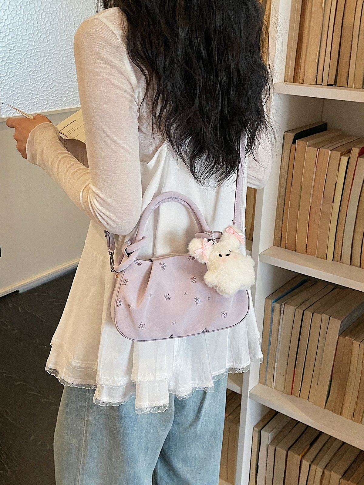 Printed Crossbody Bag with Plush Charm