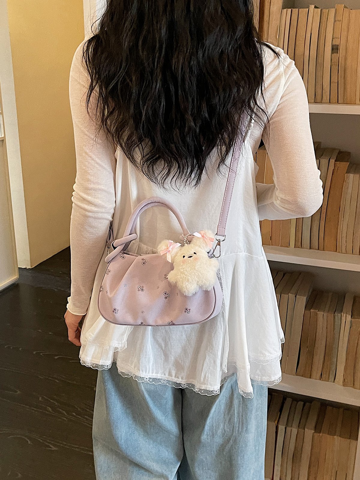 Printed Crossbody Bag with Plush Charm