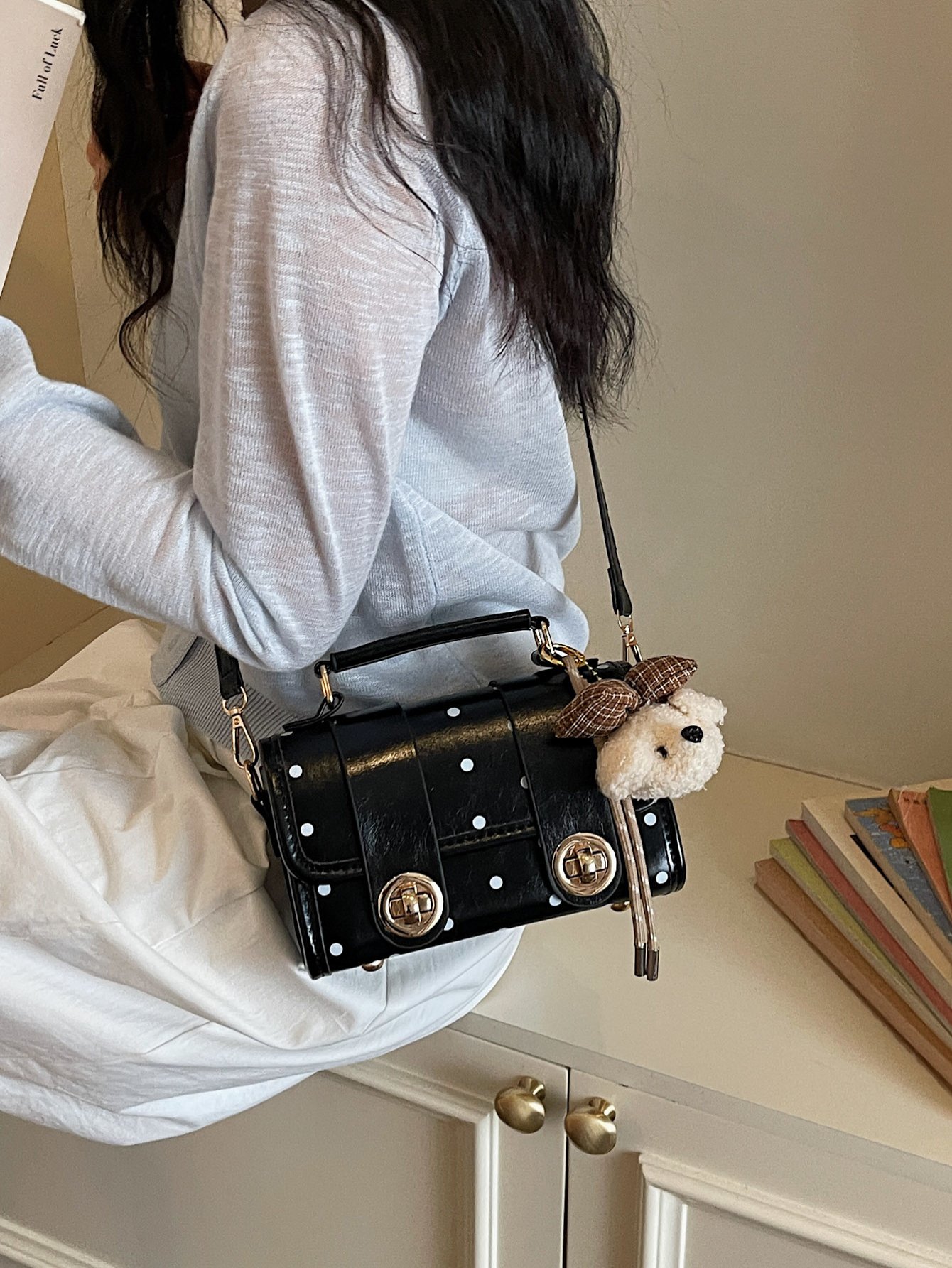 Polka Dot Flap Handbag with Plush Charm