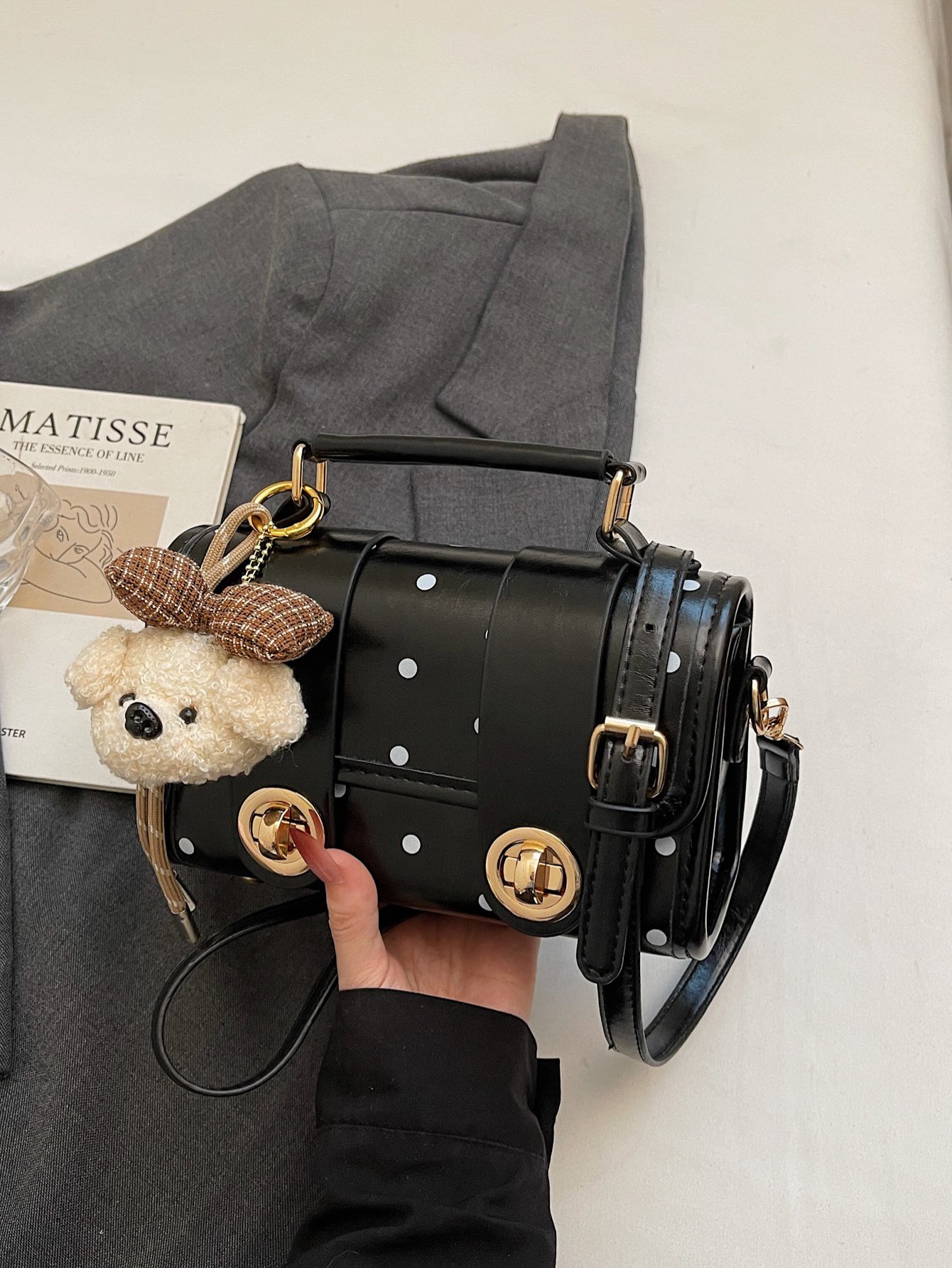 Polka Dot Flap Handbag with Plush Charm