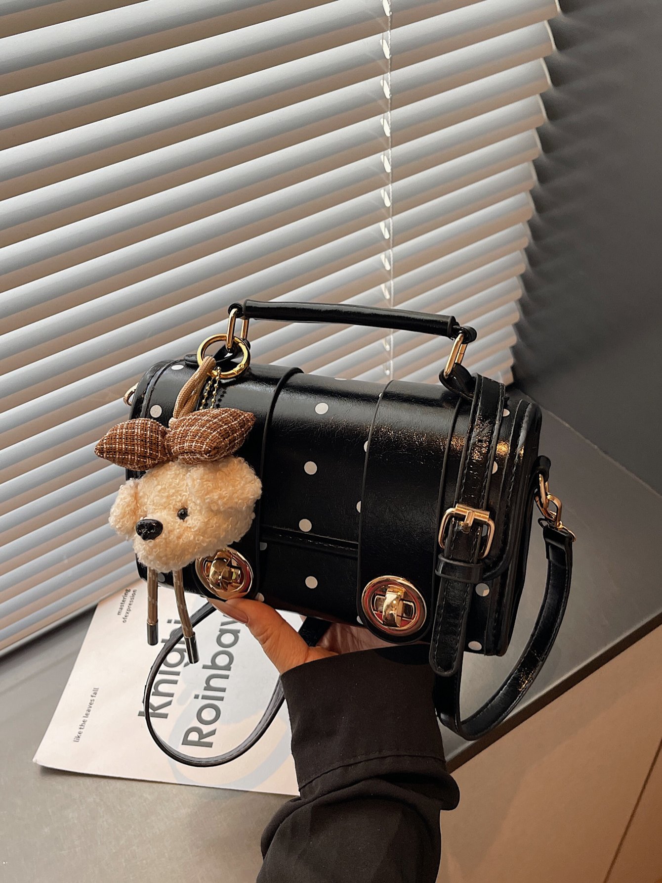 Polka Dot Flap Handbag with Plush Charm