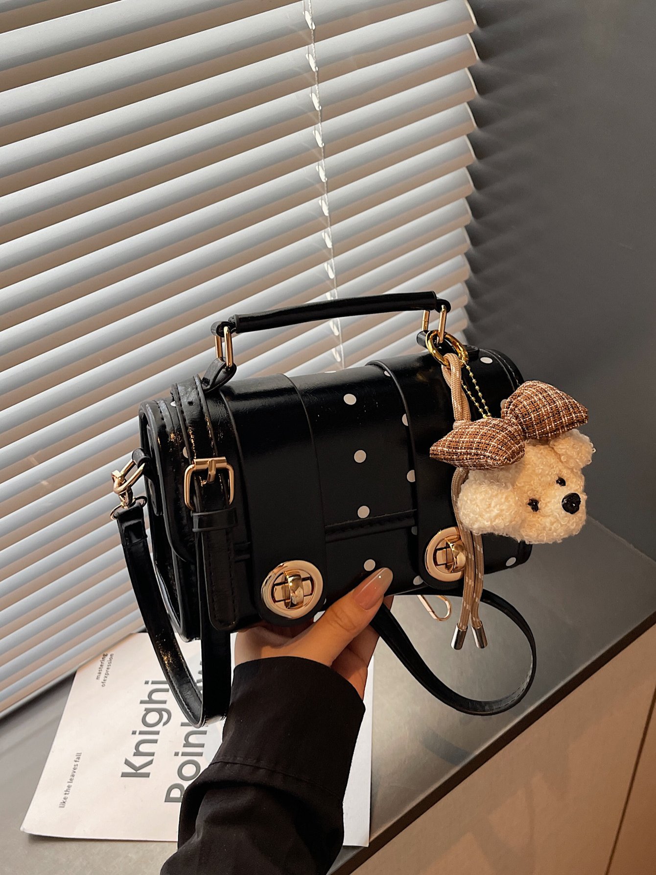 Polka Dot Flap Handbag with Plush Charm
