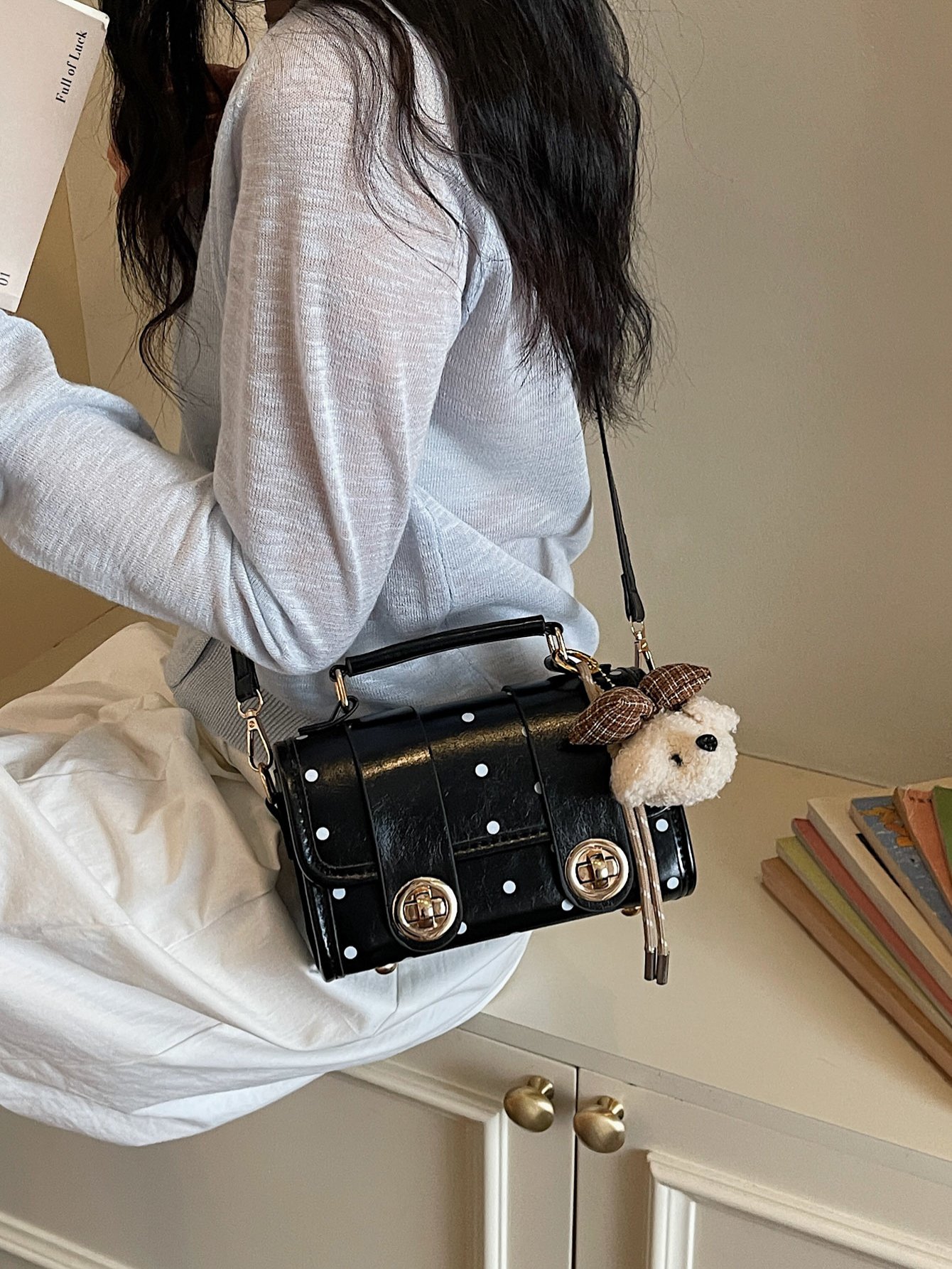 Polka Dot Flap Handbag with Plush Charm