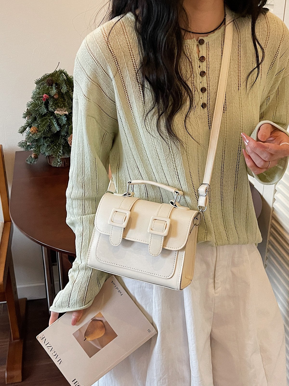 Solid Flap Handbag with Detachable Strap
