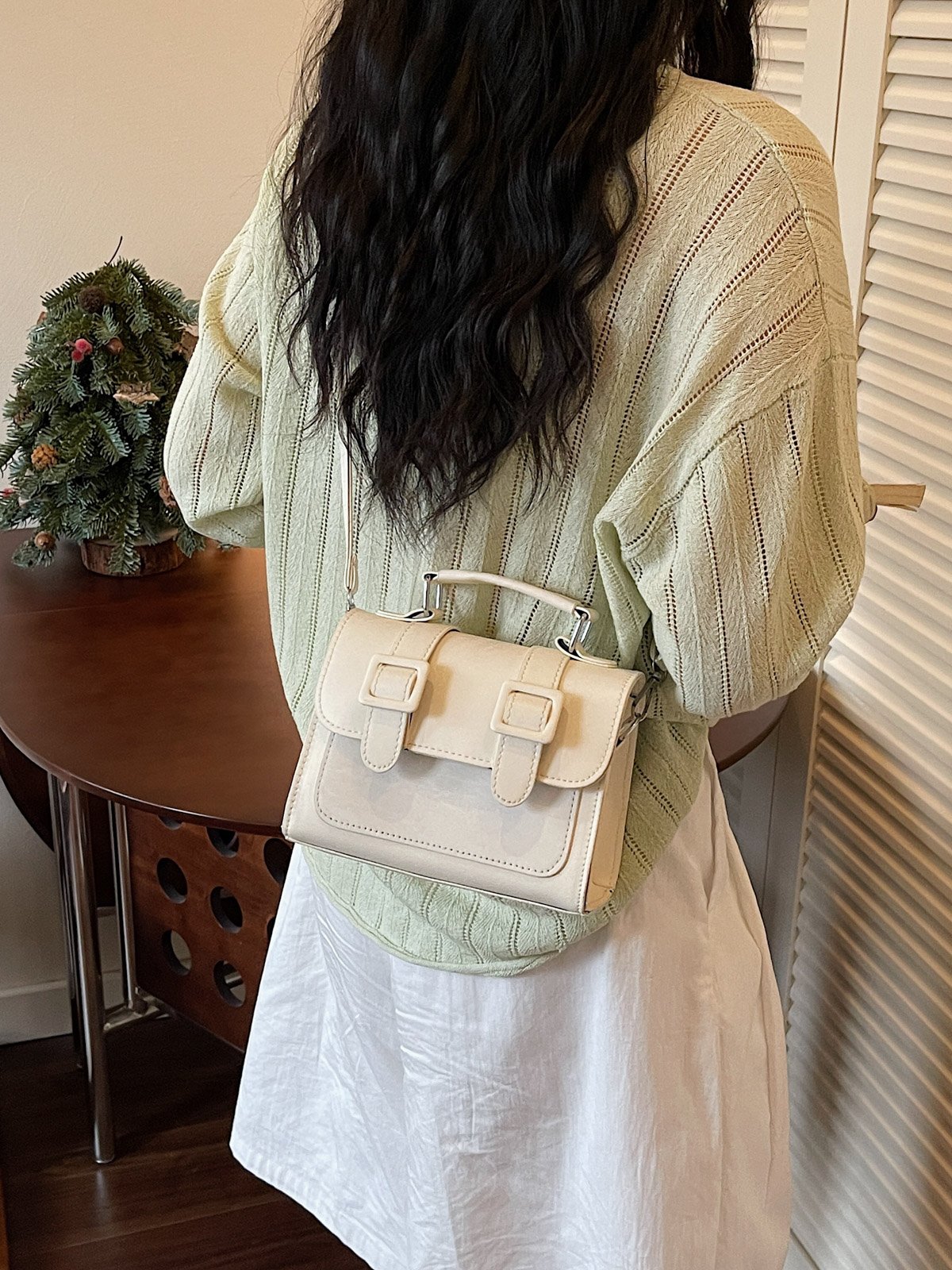 Solid Flap Handbag with Detachable Strap