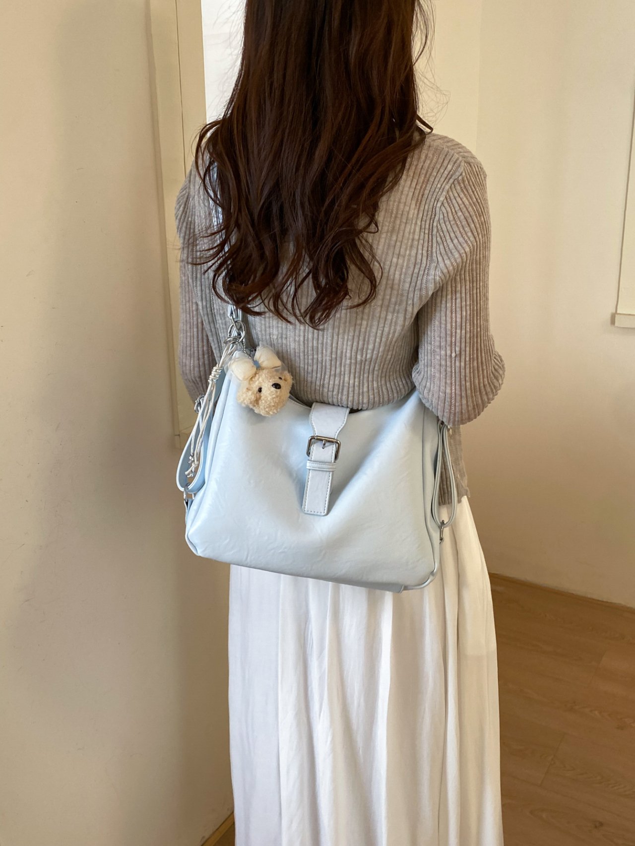 Solid Shoulder Bag with Plush Charm