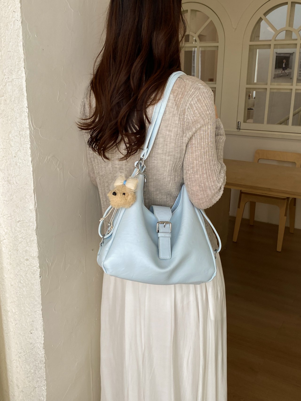Solid Shoulder Bag with Plush Charm