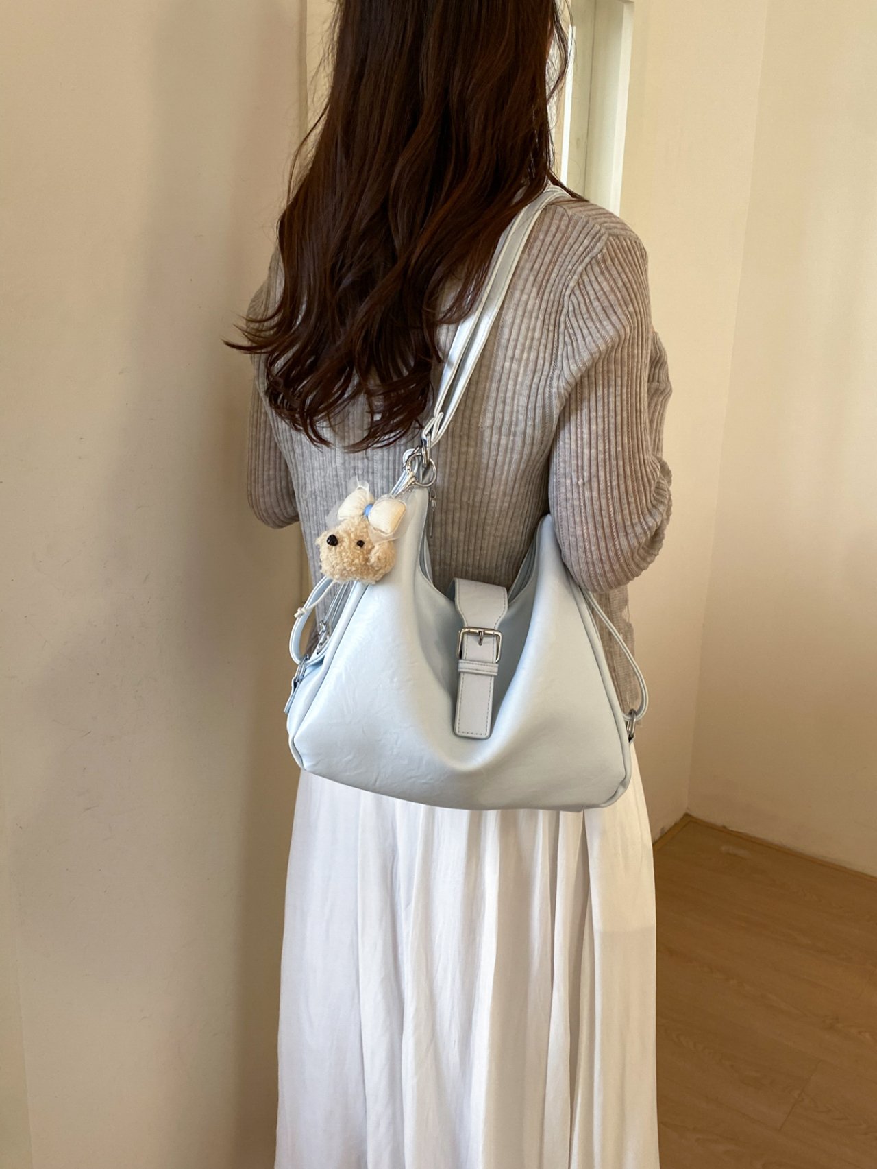 Solid Shoulder Bag with Plush Charm