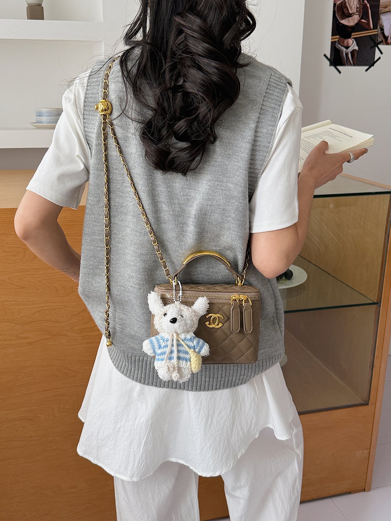 Khaki Quilted Crossbody Bag with Chain Strap