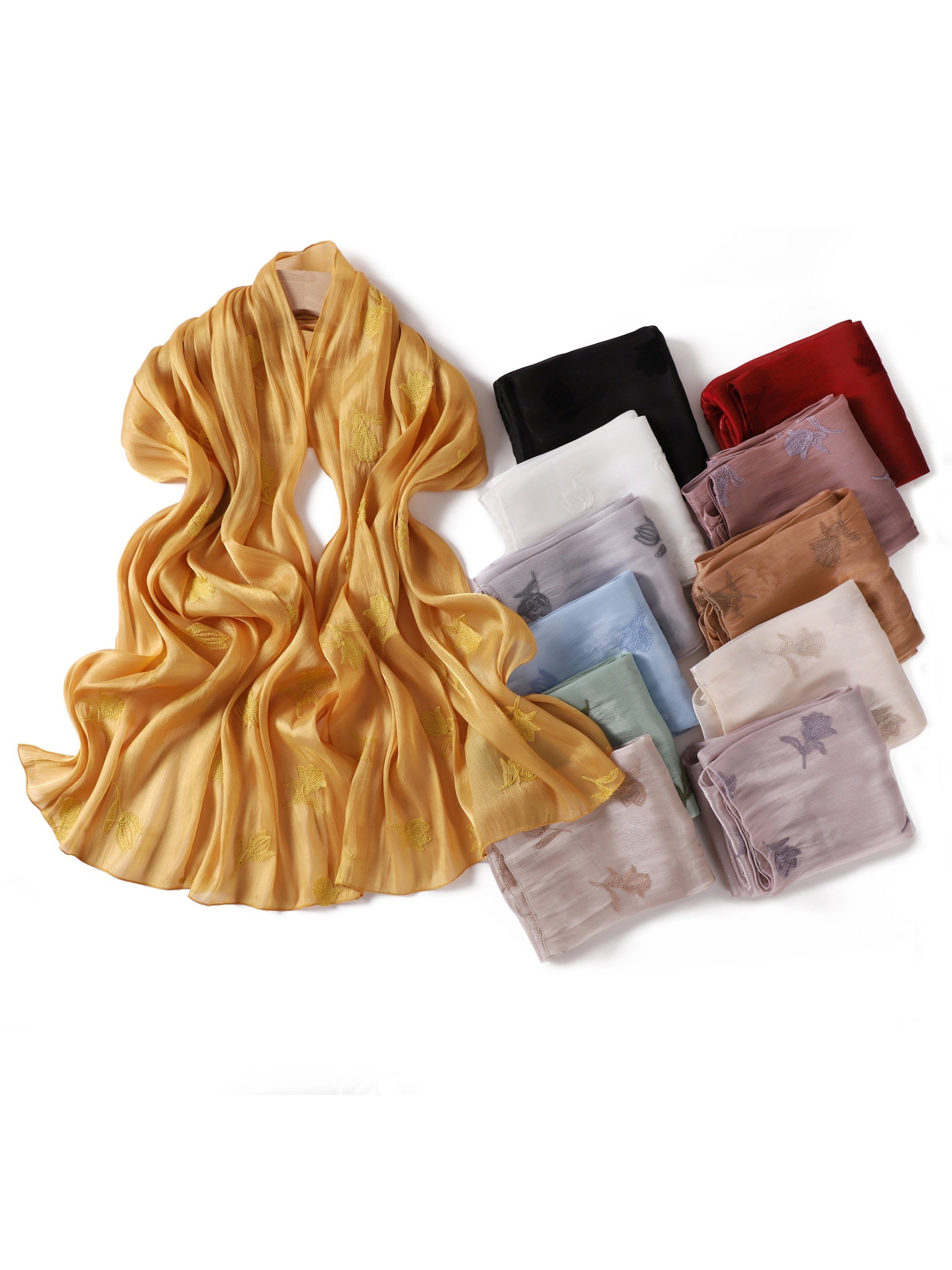 Beige Embroidered Silk Hijab Scarf