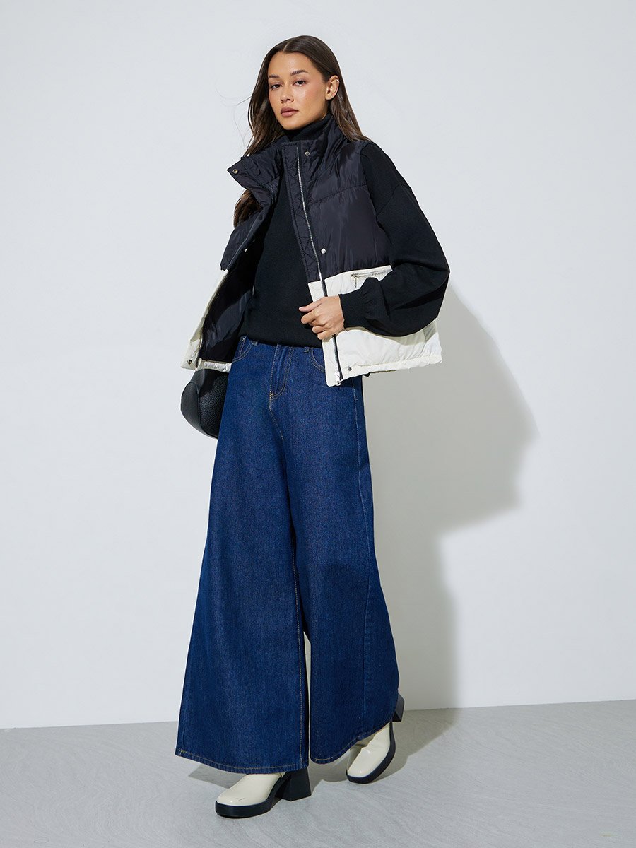 Color Block Pocket Details Zip-Up Puffer Vest