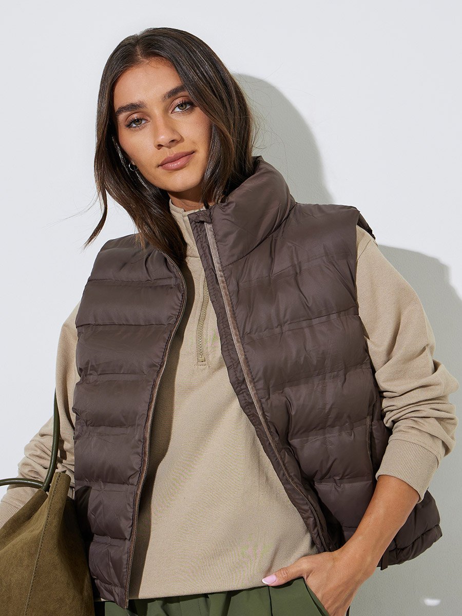 Women Brown Zip-Up Padded Short Puffer Vest