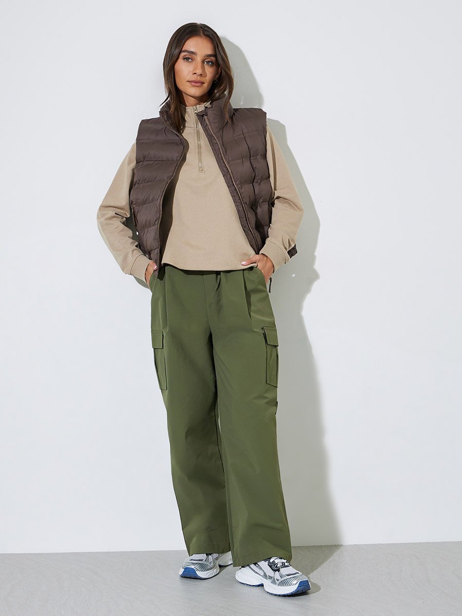 Women Brown Zip-Up Padded Short Puffer Vest