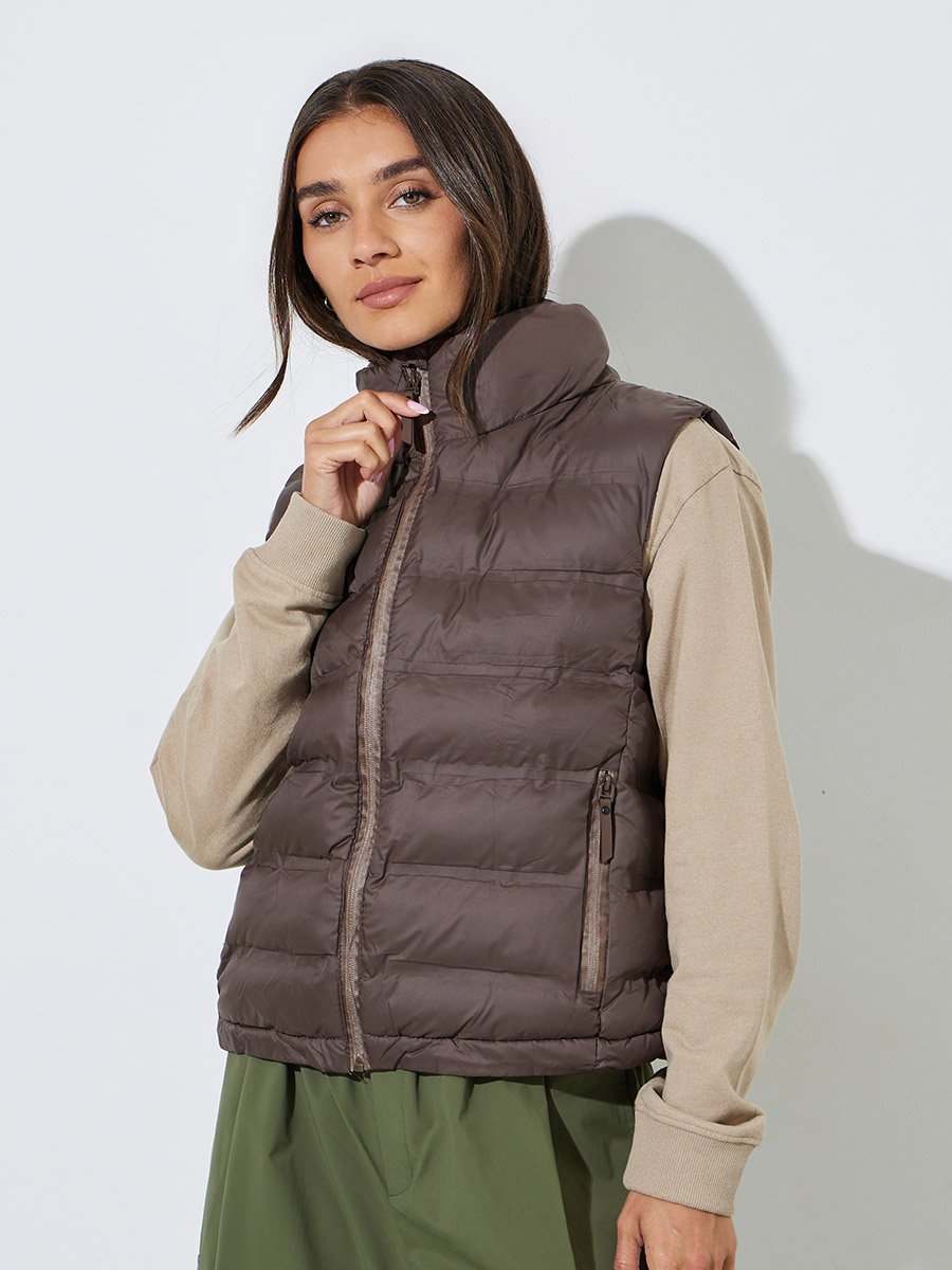 Women Brown Zip-Up Padded Short Puffer Vest