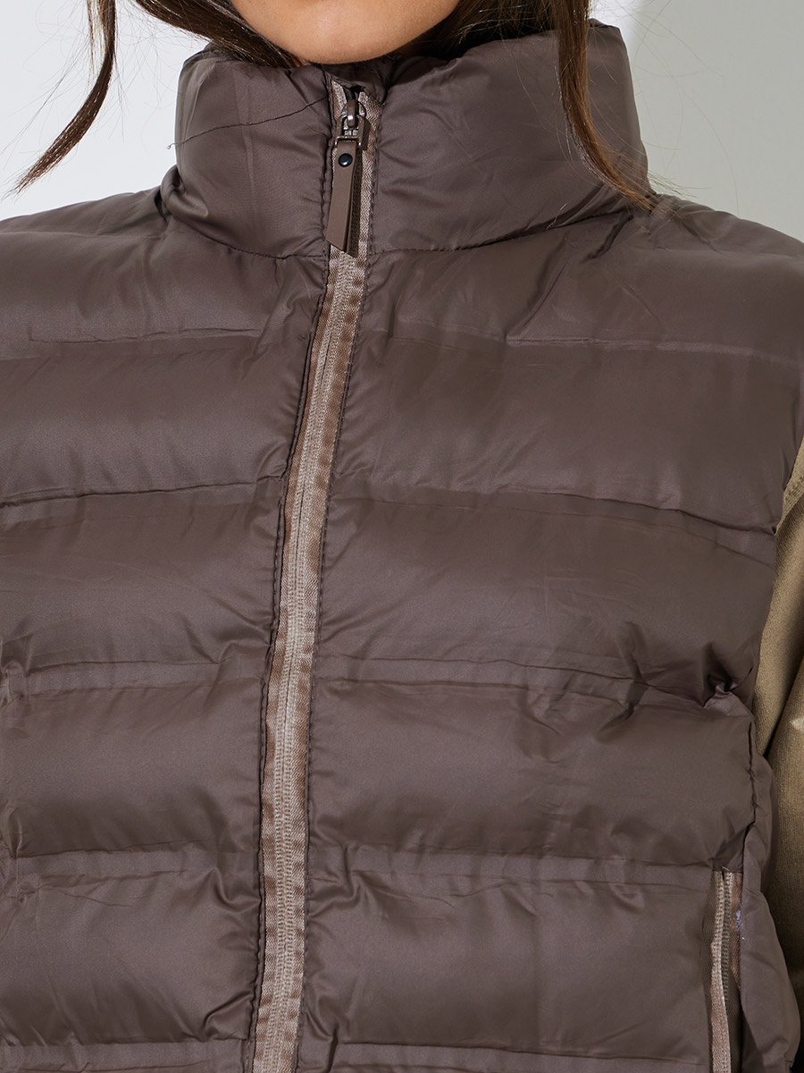 Women Brown Zip-Up Padded Short Puffer Vest