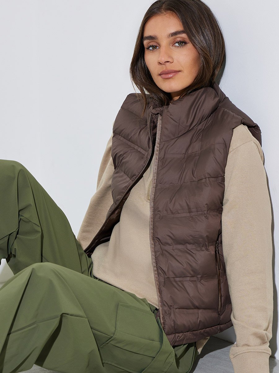 Women Brown Zip-Up Padded Short Puffer Vest
