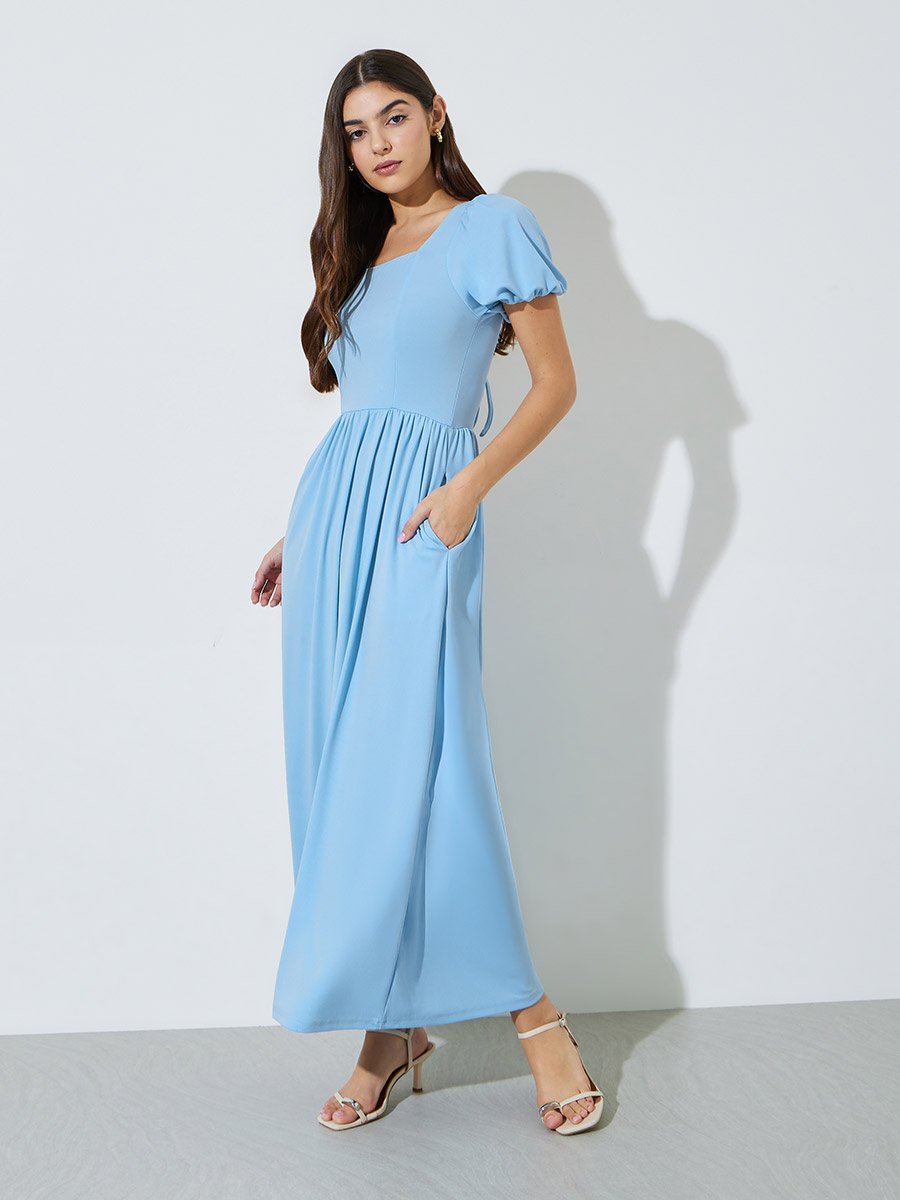 Blue Solid Puff Sleeves Side Pocket Detail A-Line Maxi Dress