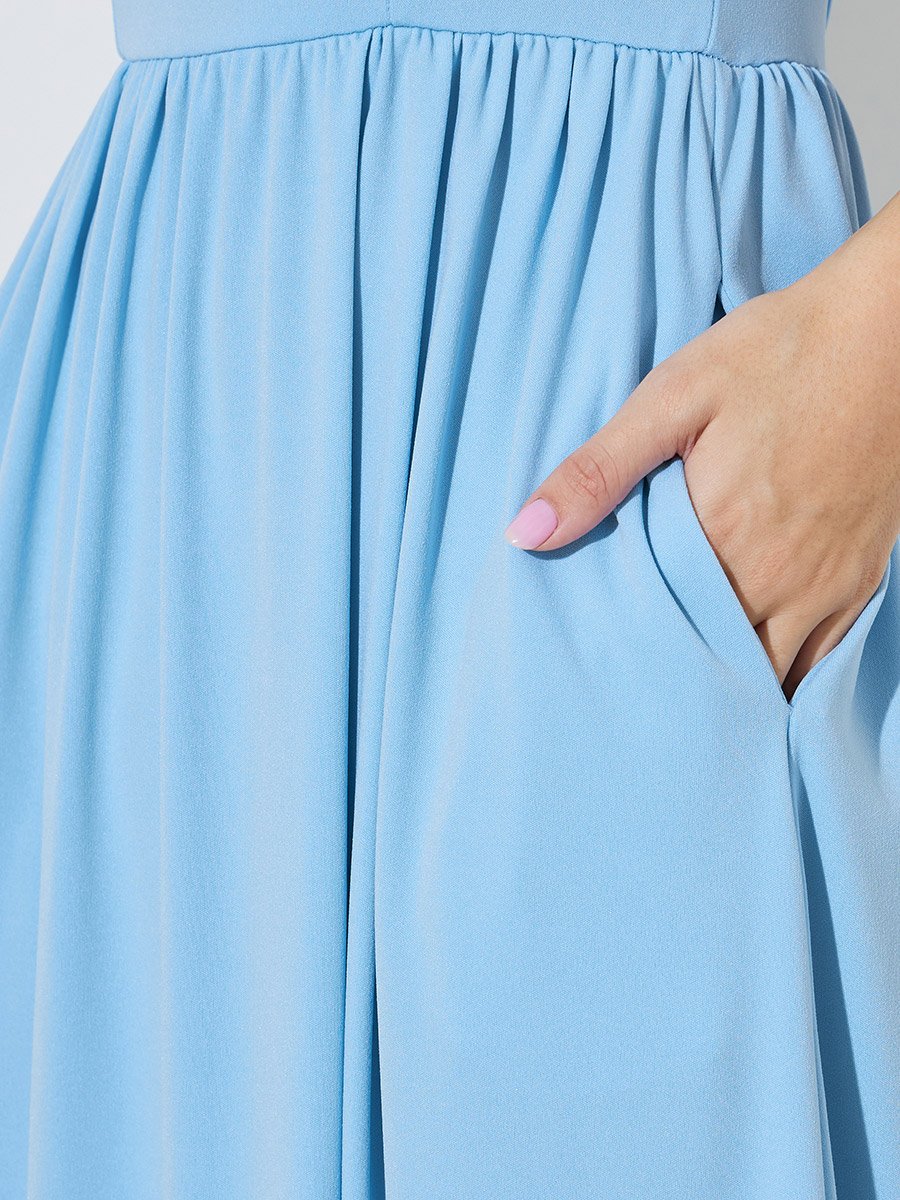 Blue Solid Puff Sleeves Side Pocket Detail A-Line Maxi Dress