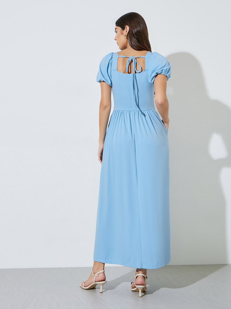 Blue Solid Puff Sleeves Side Pocket Detail A-Line Maxi Dress