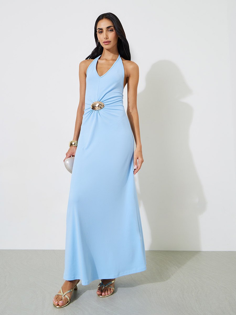Blue Halter Neck Maxi Dress with Gold Buckle Detail