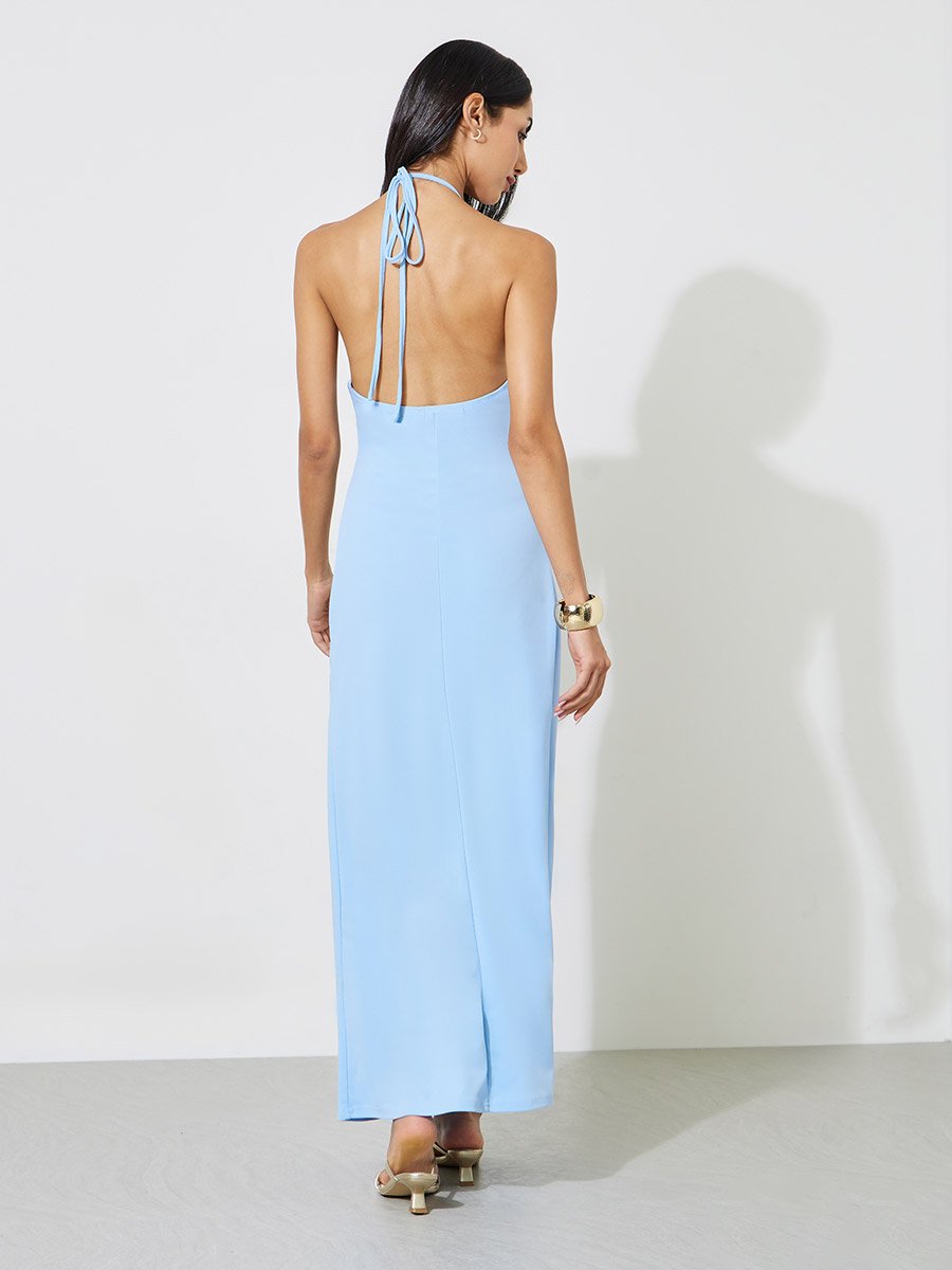 Blue Halter Neck Maxi Dress with Gold Buckle Detail
