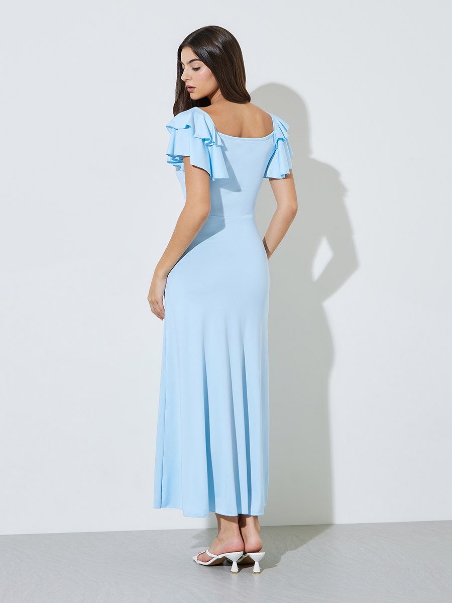 Blue Solid Ruffle Sleeves A-Line Maxi Dress