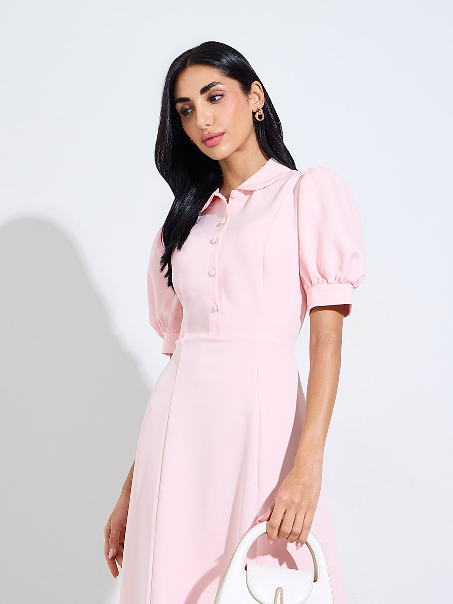 Pink Solid Short Puff Sleeves Shirt Maxi Dress